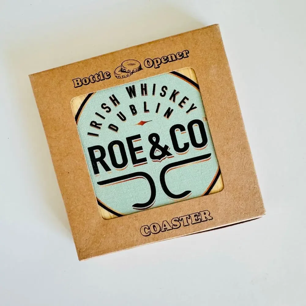 5 NEW ROSE CO Raw Wood Tan Beige Square Coaster Silver Steel Bottle Opener Set